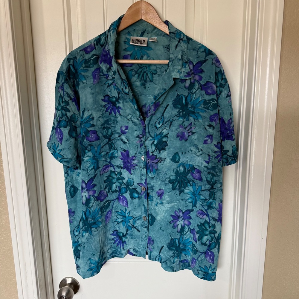 Chico's Design Silk Button Down Women 1x Teal Purple Floral Vintage Art Shirt - Picture 2 of 6